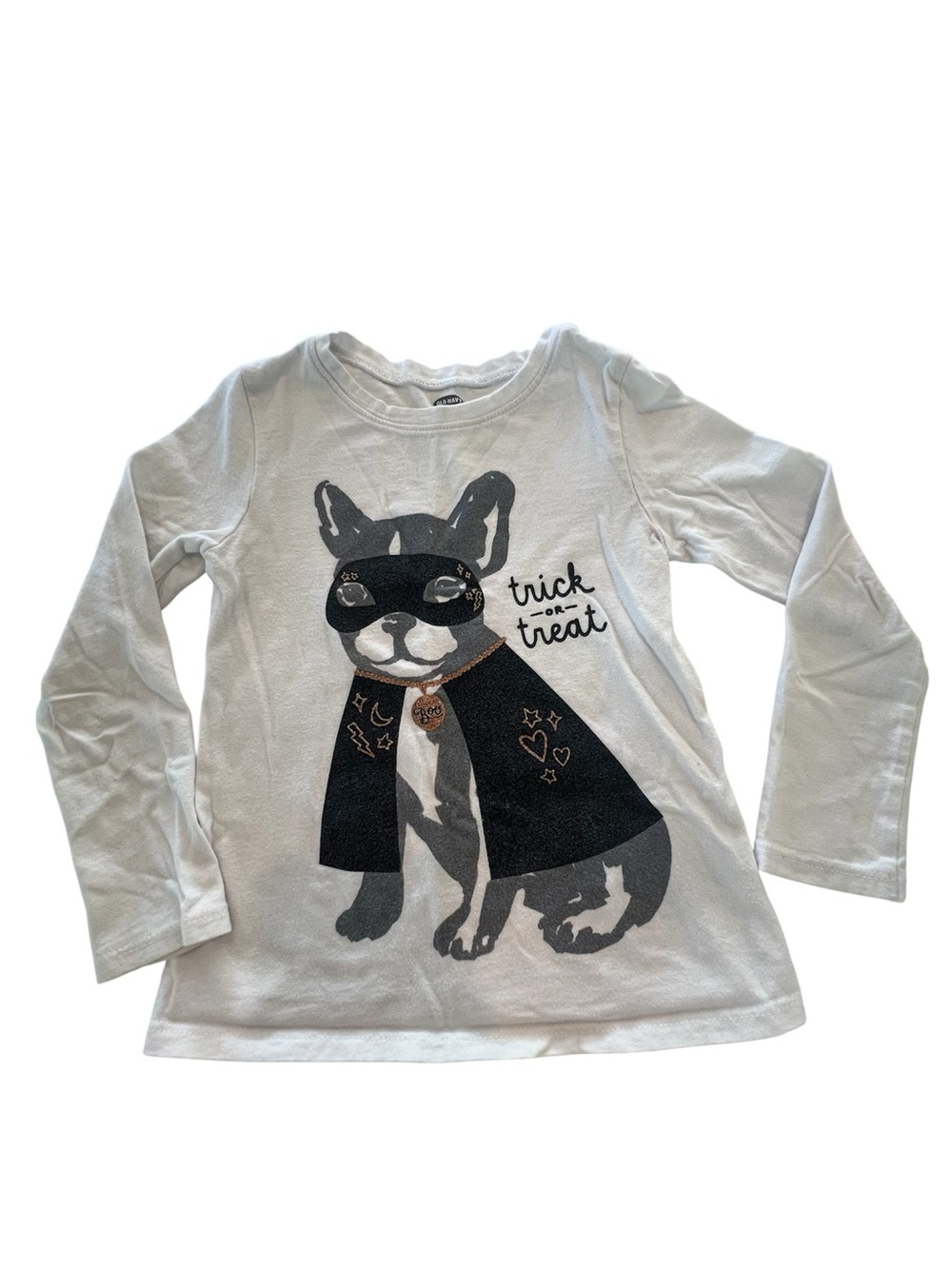 OLD NAVY Girls White 'Trick or Treat' Frenchie Dog Graphic Long-Sleeve Shirt 4T